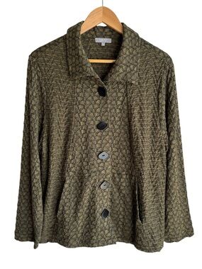 Habitat Stretchy Textured Button Up Shirt Jacket Sz L Green Scrunch Relaxed Fit